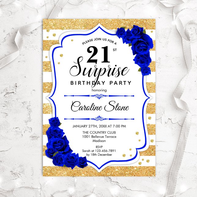 Invitation Surprise 21e anniversaire - Gold White Royal Blue (Créateur téléchargé)