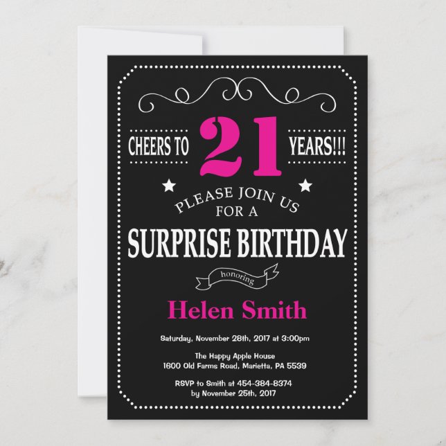 Invitation Surprise 21e anniversaire Hot Pink and Black (Devant)