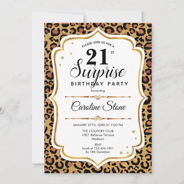 Invitation Surprise 21e anniversaire - Leopard Gold White (Devant)