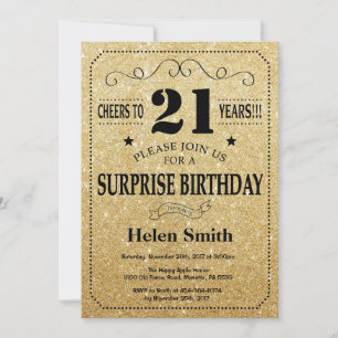 Invitation Surprise 21e Anniversaire Noir et Or Paillettes