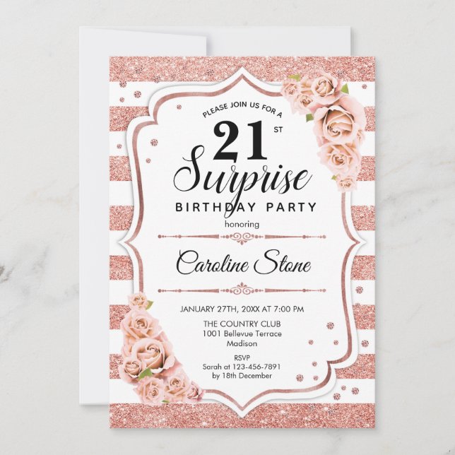 Invitation Surprise 21e anniversaire - Rose Gold White Pink (Devant)