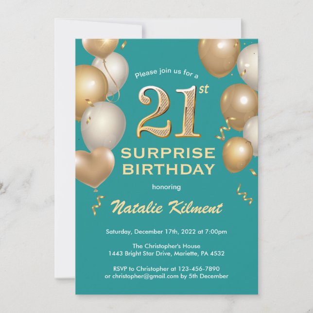 Invitation Surprise 21e anniversaire Turquoises et Ballons d' (Devant)