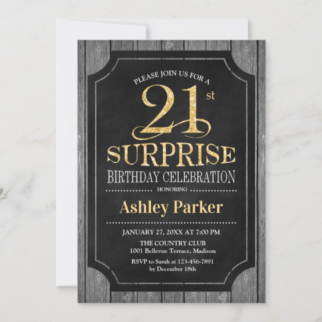 Invitation Surprise 21e fête d'anniversaire - Chalkboard Gold (Devant)
