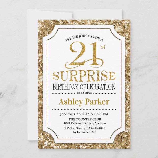 Invitation Surprise 21e fête d'anniversaire - Gold White (Devant)