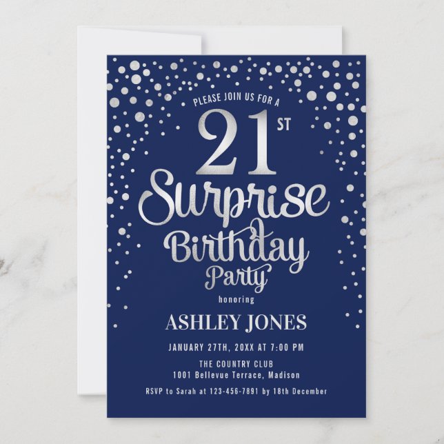 Invitation Surprise 21e fête d'anniversaire - Silver & Navy B (Devant)
