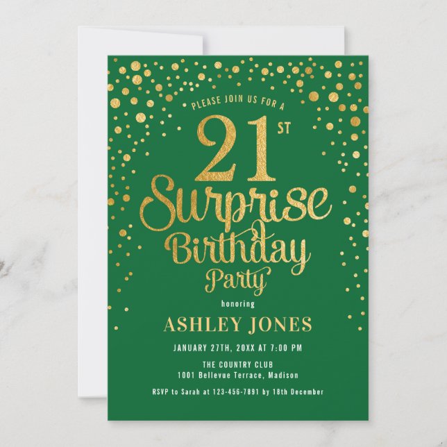 Invitation Surprise 21e fête d'anniversaire - Vert & Or (Devant)