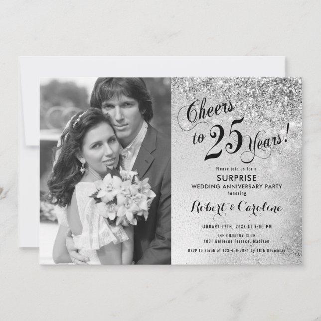 Invitation Surprise 25e anniversaire avec photo - Argent (Devant)