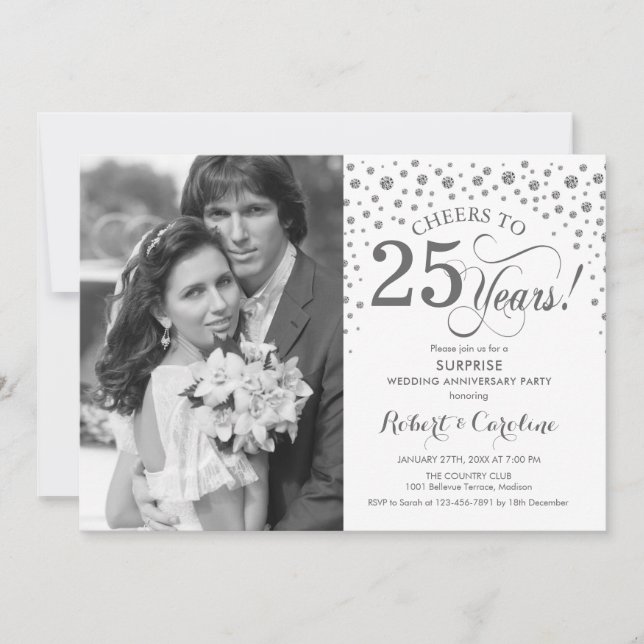 Invitation Surprise 25e Anniversaire avec Photo Argent Blanc (Devant)