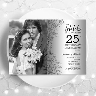 Invitation Surprise 25e anniversaire avec photo argent floral
