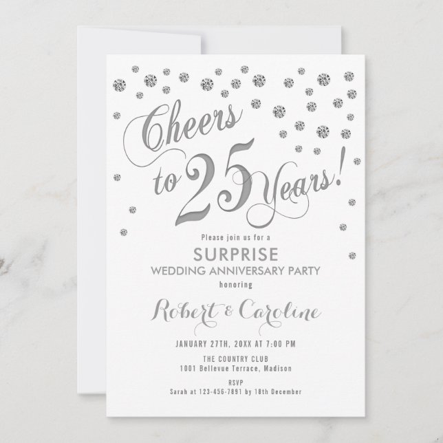 Invitation Surprise 25e anniversaire de mariage - Blanc et ar (Devant)