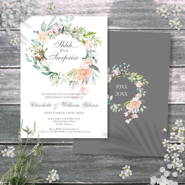 Invitation Surprise 25e Anniversaire de Mariage Roses Verdure (Surprise 25th Silver Anniversary Roses Greenery Invitation)