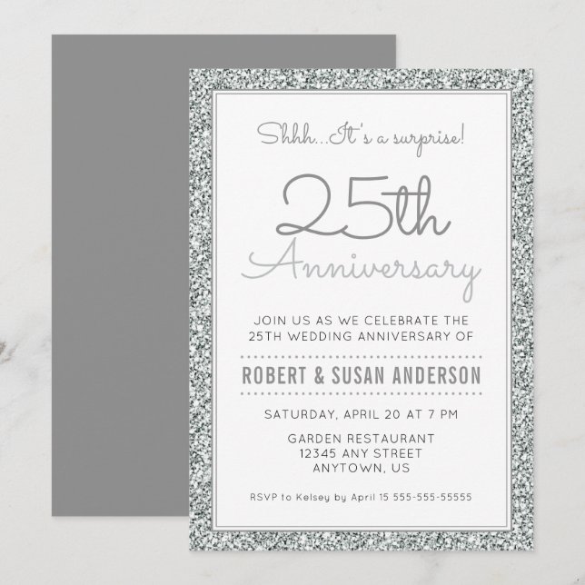 Invitation Surprise 25e anniversaire | Faux paillettes argent (Devant / Derrière)