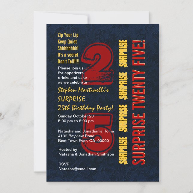 Invitation SURPRISE 25e anniversaire moderne Red Gold Blue W5 (Devant)