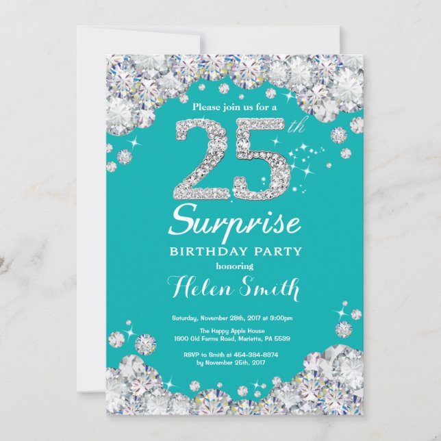 Invitation Surprise 25e anniversaire Turquoise et diamant d'a (Devant)