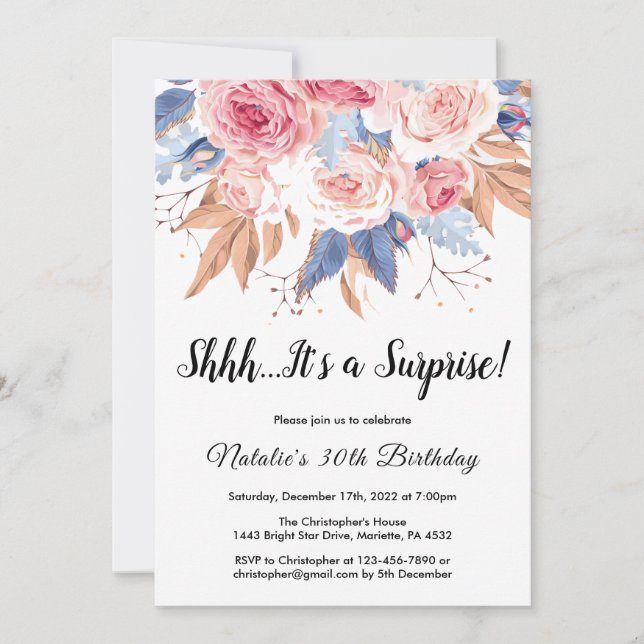 Invitation Surprise 30e anniversaire Aquarelle Botanique Flor (Devant)