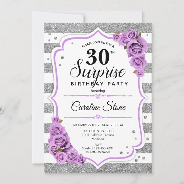 Invitation Surprise 30e anniversaire - Argent blanc violet (Devant)