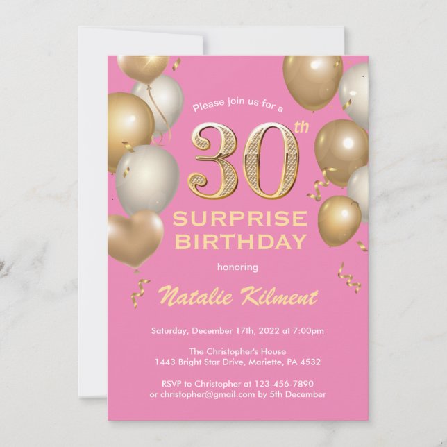 Invitation Surprise 30e anniversaire Ballons rose et or (Devant)