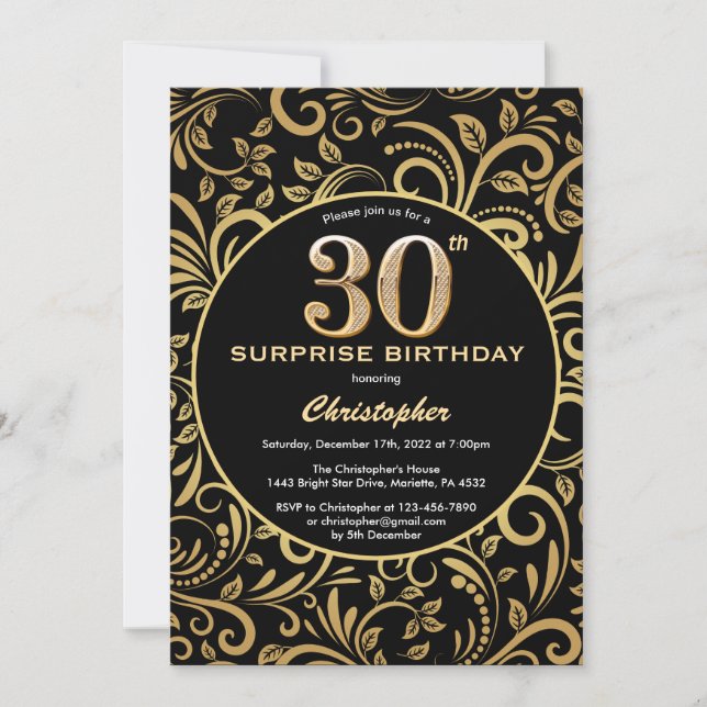 Invitation Surprise 30e anniversaire Black and Gold Floral (Devant)
