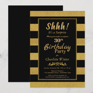 Invitation Surprise 30e anniversaire Black Gold Striped Party