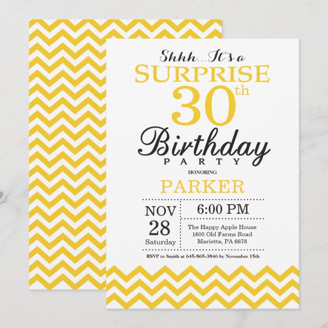 Invitation surprise 30e anniversaire Chevron jaune (Devant / Derrière)