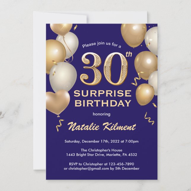 Invitation Surprise 30e anniversaire Marine Bleu et Ballons d (Devant)