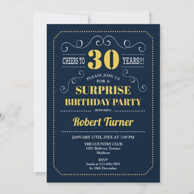 Invitation Surprise 30e anniversaire - Marine Blue Gold (Devant)