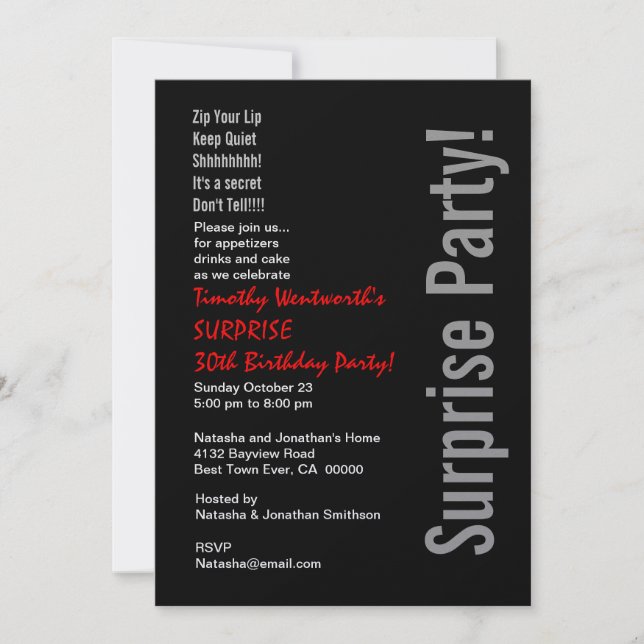 Invitation SURPRISE 30e anniversaire moderne noir argent roug (Devant)