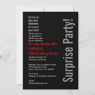 Invitation SURPRISE 30e anniversaire moderne noir argent roug