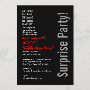 Invitation SURPRISE 30e anniversaire moderne noir blanc rouge