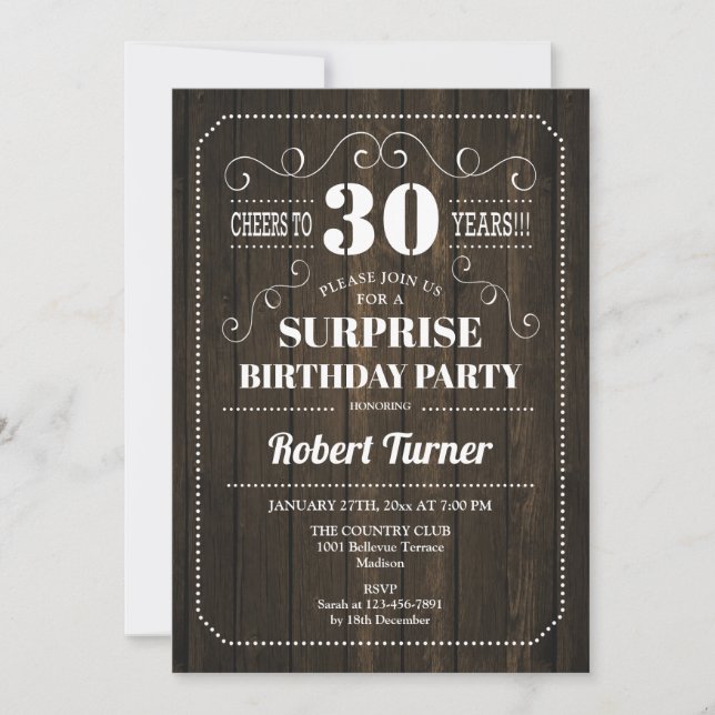 Invitation Surprise 30e anniversaire - Motif de bois (Devant)