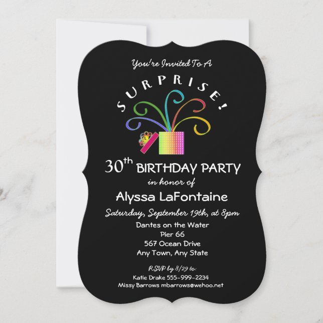 Invitation SURPRISE ! 30e anniversaire noir ou tout âge (Devant)