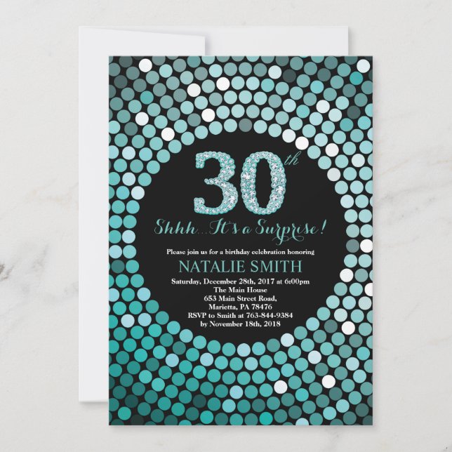 Invitation Surprise 30e anniversaire Parties scintillant noir (Devant)