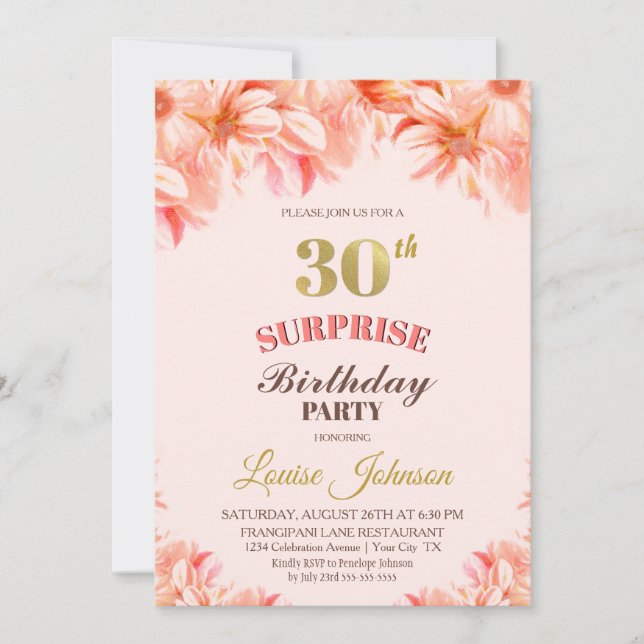 Invitation Surprise 30e anniversaire Pink Gold Floral Party (Devant)