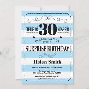 Invitation Surprise 30e Anniversaire Rayures Bleues et Blanch