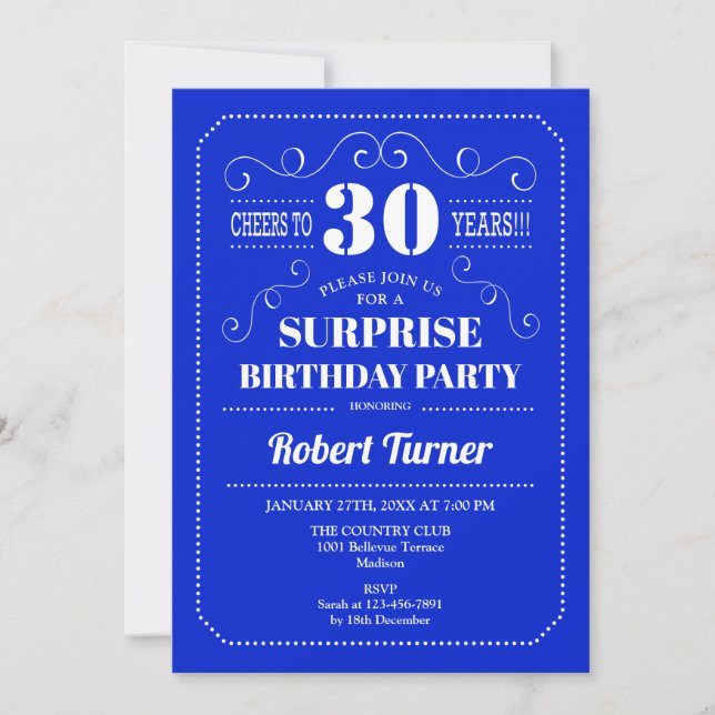 Invitation Surprise 30e anniversaire - Royal Blue (Devant)