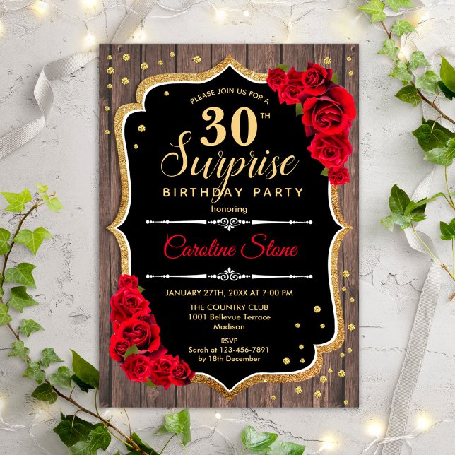 Invitation Surprise 30e anniversaire - Rustic Wood Red Roses (Créateur téléchargé)