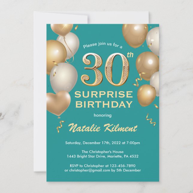 Invitation Surprise 30e anniversaire Turquoises et Ballons d' (Devant)