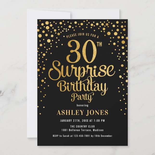 Invitation Surprise 30e fête d'anniversaire - Black & Gold (Devant)