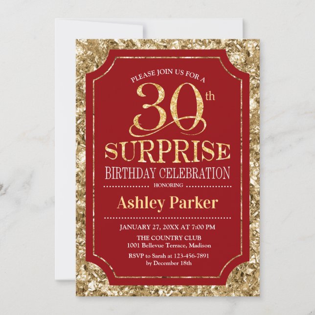 Invitation Surprise 30e fête d'anniversaire - Gold Red (Devant)