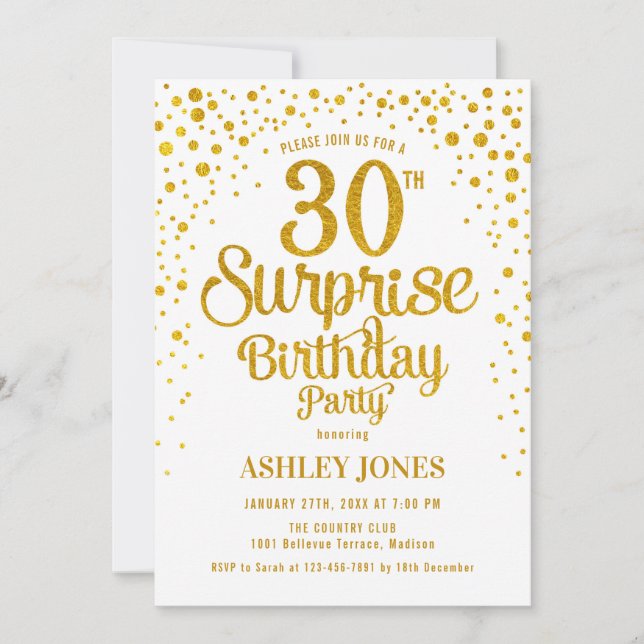Invitation Surprise 30e fête d'anniversaire - Gold & White (Devant)