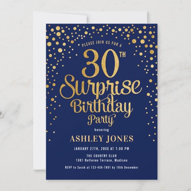 Invitation Surprise 30e fête d'anniversaire - Marine & Gold (Devant)