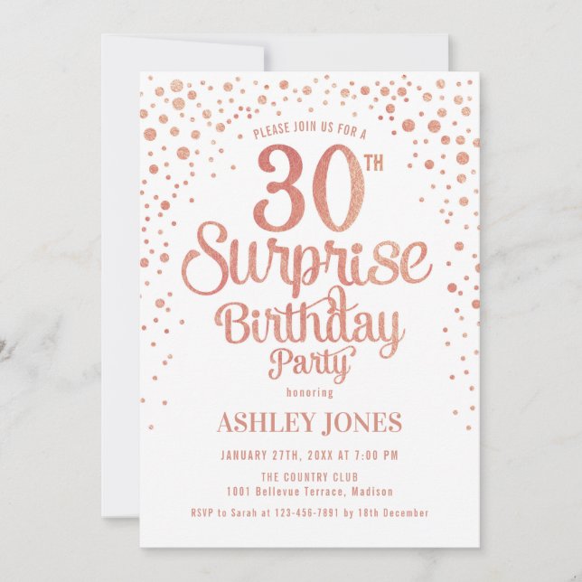 Invitation Surprise 30e fête d'anniversaire - Rose Gold & Whi (Devant)