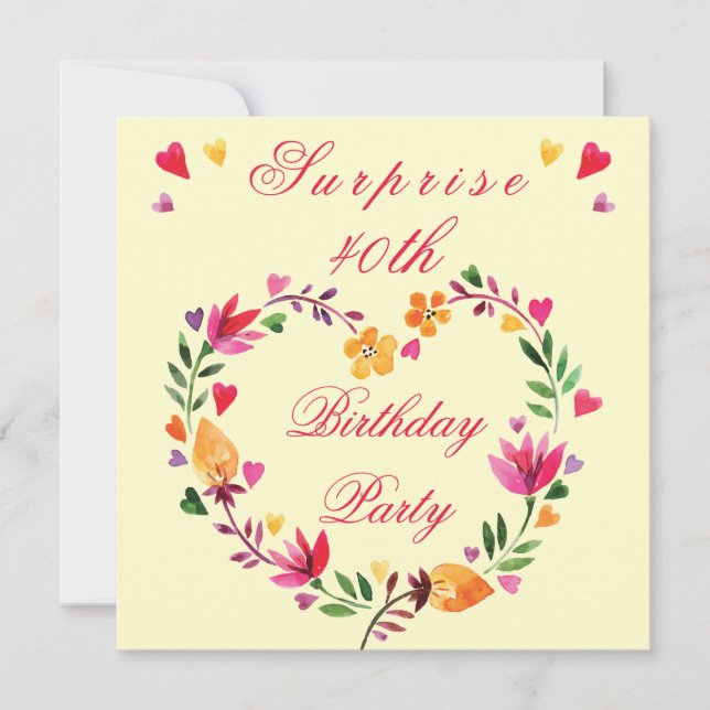 Invitation Surprise 40e anniversaire aquarelle Coeur floral (Devant)