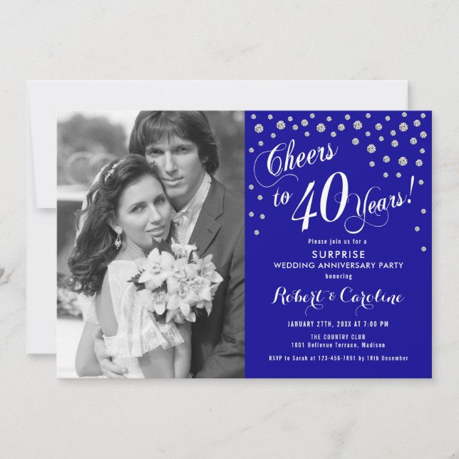 Invitation Surprise 40e anniversaire avec photo - Bleu argent (Devant)