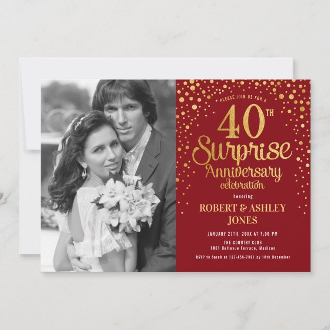 Invitation Surprise 40e anniversaire avec photo - Or rouge (Devant)