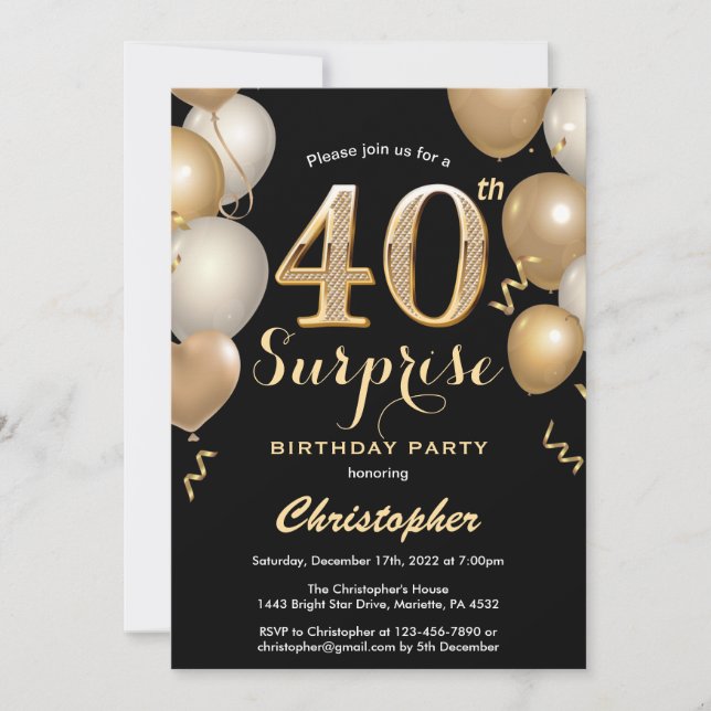 Invitation Surprise 40e anniversaire Ballons Noir et Or (Devant)