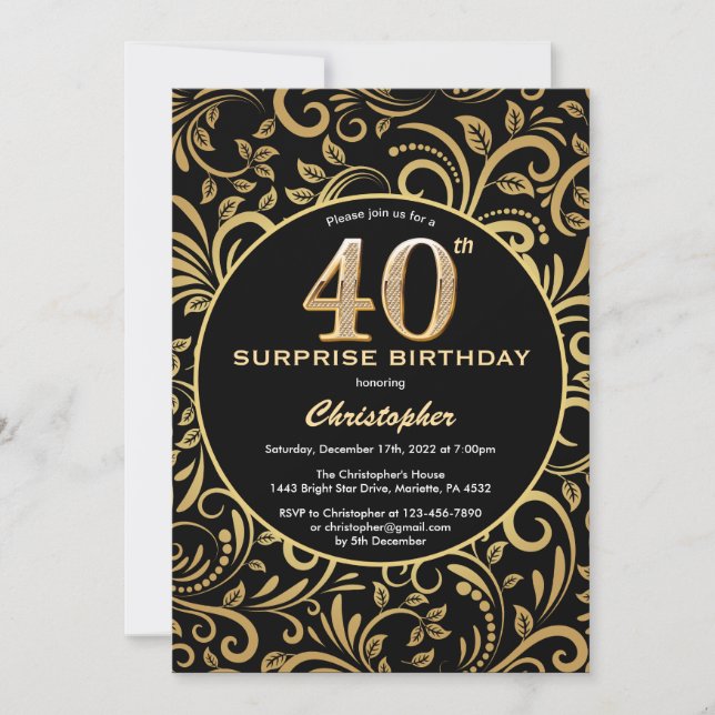 Invitation Surprise 40e anniversaire Black and Gold Floral (Devant)