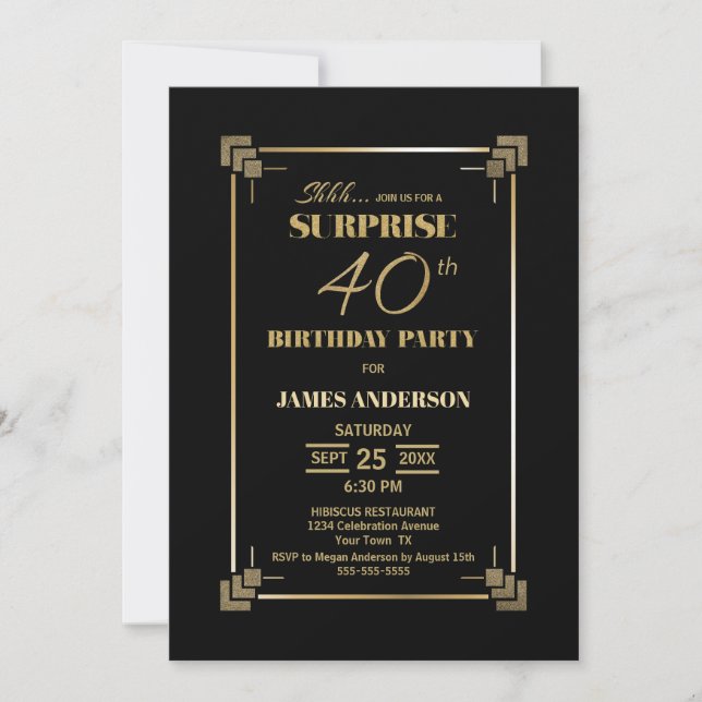 Invitation Surprise 40e anniversaire Black and Gold Party (Devant)