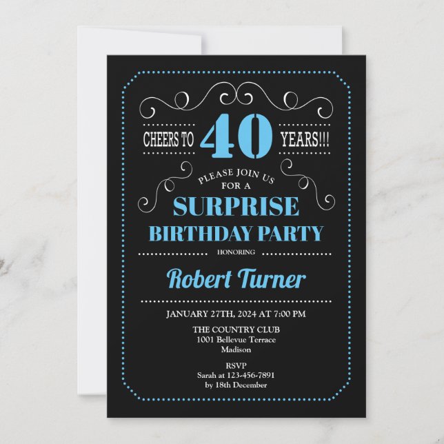 Invitation Surprise 40e anniversaire - Black Blue (Devant)