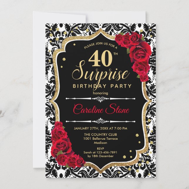 Invitation Surprise 40e anniversaire - Black Gold Red Invitat (Devant)